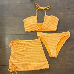 Women’s Orange Waffle Bikini Set with Skirt